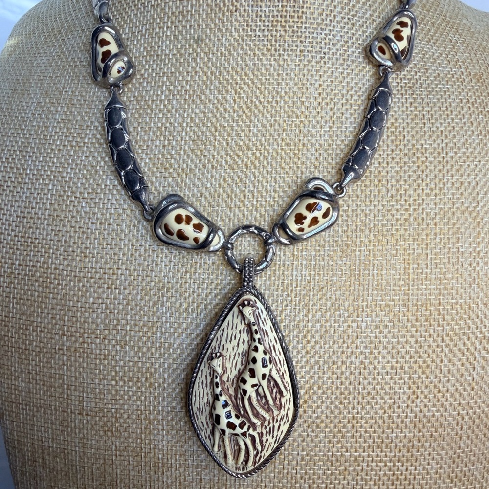 Silver and Cream Giraffe Bone Carved Pendant Necklace